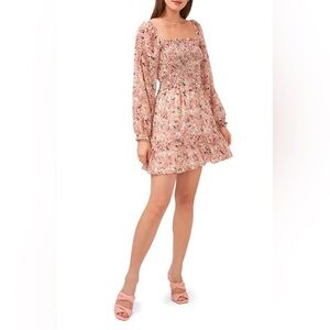 1.STATE Smocked Square Neck Long Sleeve Dress - Pink Flower size XL